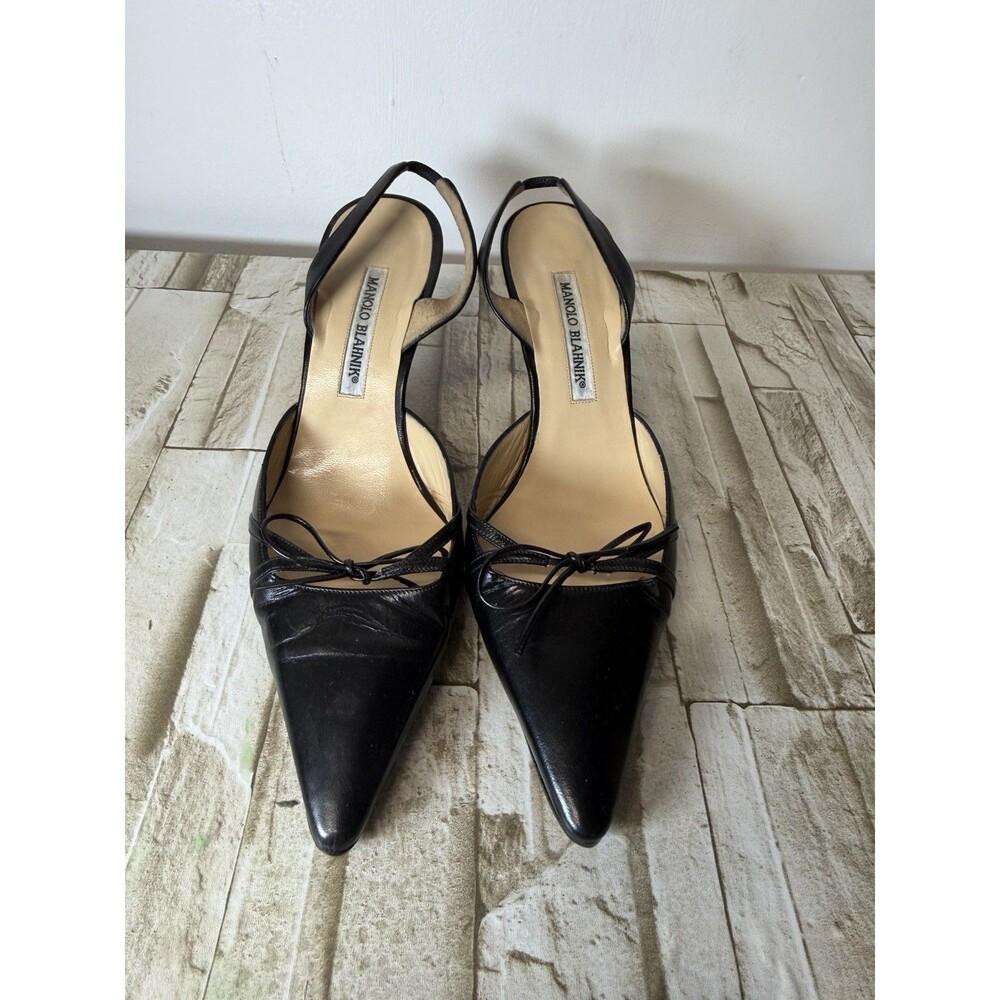 $MANOLO BLAHNIK BLACK Stitching STRUKA BOW SLINGS SHOES HEELS 39.5